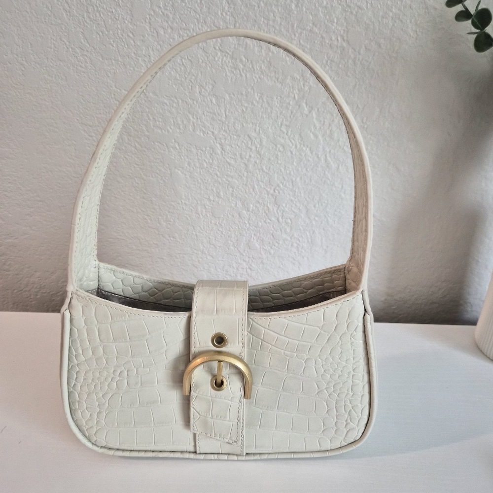 White Croc-Embossed Shoulder Bag with Gold Buckle